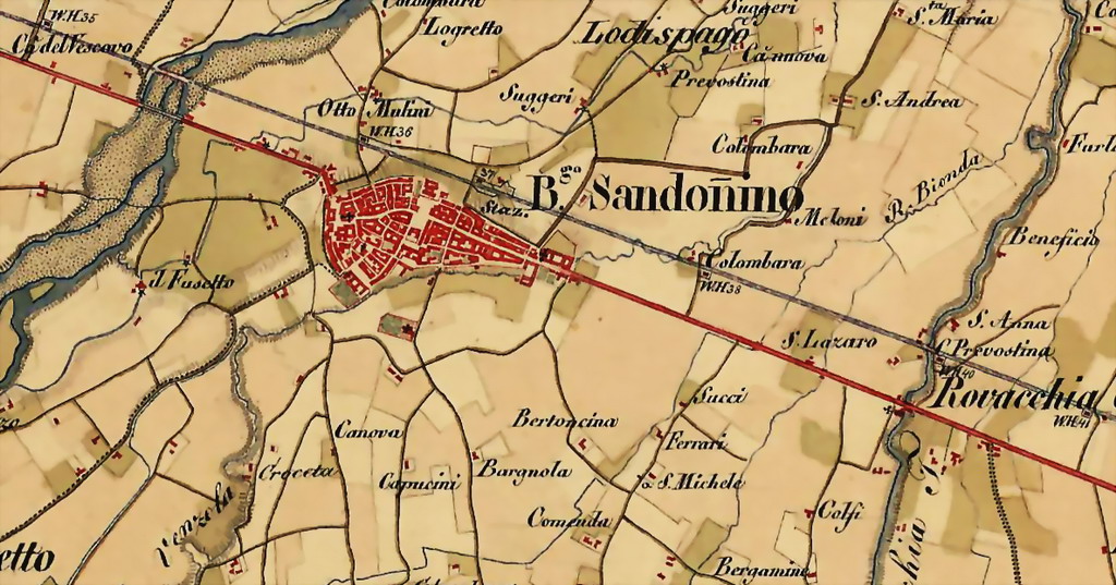 Anonimo (XVIII-XIX secolo), “Borgo Sandonnino”, XIX secolo, acquerello e china su carta (particolare rielaborato raffigurante l’odierna Fidenza con la chiesa di San Tommaso Becket e le località di Lodi Spago e di Rovacchia). Tratto da: “Lombardia, Venezia, Parma, Modena” [”Lombardei, Venedig, Parma, Modena„], 1818-1829 (aggiornato negli Anni ’50 del XIX secolo). Vienna (Austria), Archivio di Stato Austriaco [Österreichisches Staatsarchiv], Kartensammlung, B VII A 48