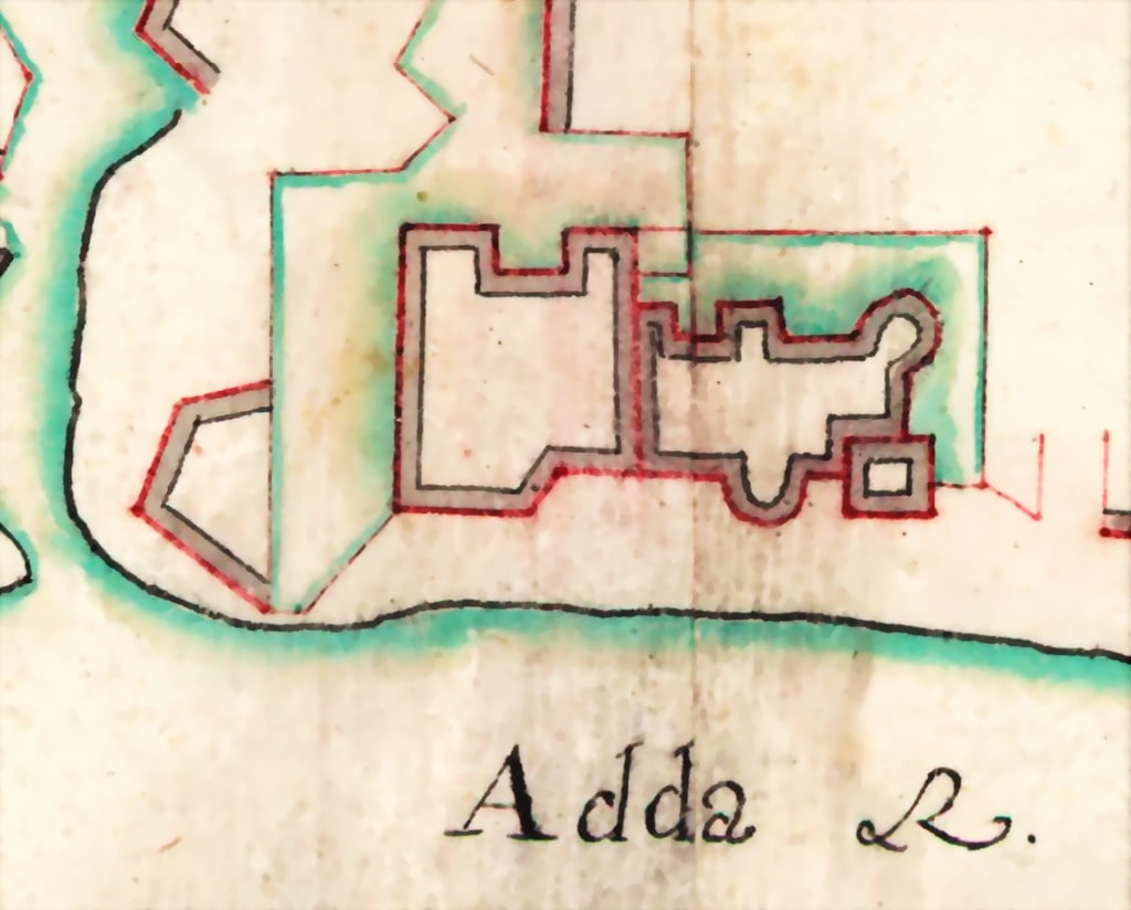 Anonimo (XVII-XVIII secolo), “Plan de Piciguitone” (particolare rielaborato raffigurante il castello di Pizzighettone), 1733, acquerello e inchiostro su carta. Parigi (Île-de-France – Francia). Biblioteca Nazionale di Francia, Département Cartes et plans