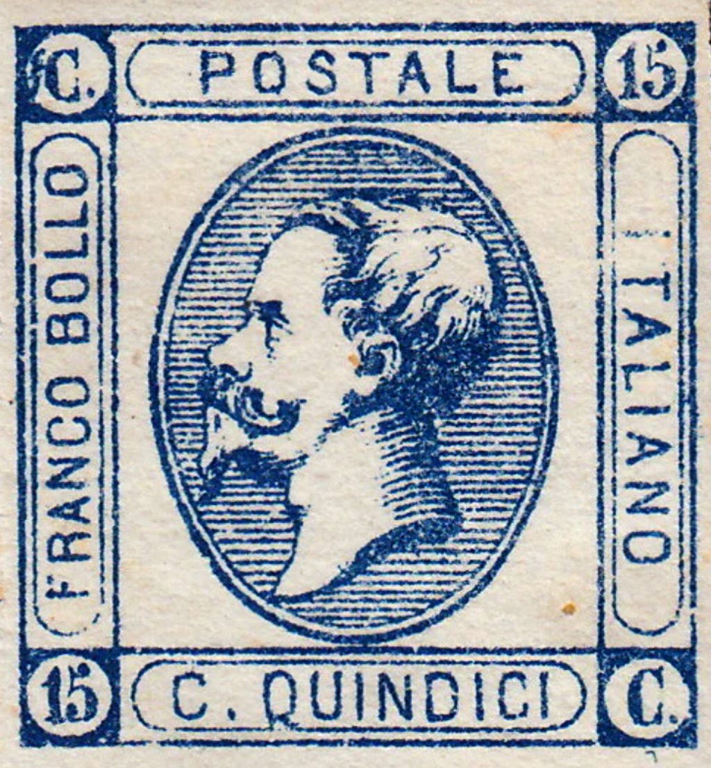 Francobollo litografico provvisorio da 15 centesimi del Regno d’Italia (1862, II tipo, varietà “serpentello”, azzurro). FRANCO BOLLO POSTALE ITALIANO C. 15. Regno di Vittorio Emanuele II di Savoia (1861-1878), argento. Torino (Piemonte – Italia), collezione privata