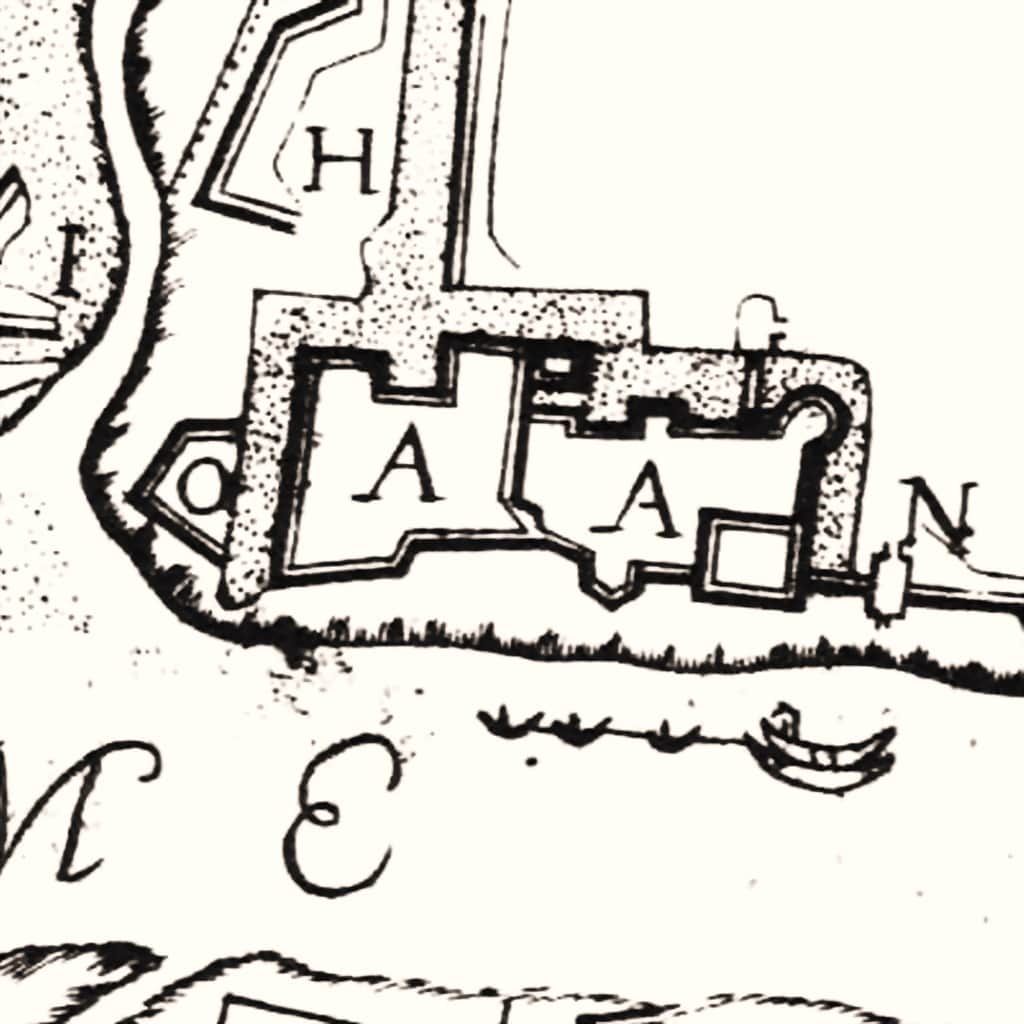 Giovanni Battista Sesti (1636-post 1714), “Picighitone” (particolare rielaborato raffigurante il Castello di Pizzighettone), primo decennio del XVIII secolo, incisione. Tratto da: Giovanni Battista Sesti, “Piante delle Città, Piazze, e Castelli Fortificati in questo Stato di Milano con le loro Dichiarazioni”, Francesco Agnelli, Milano 1707