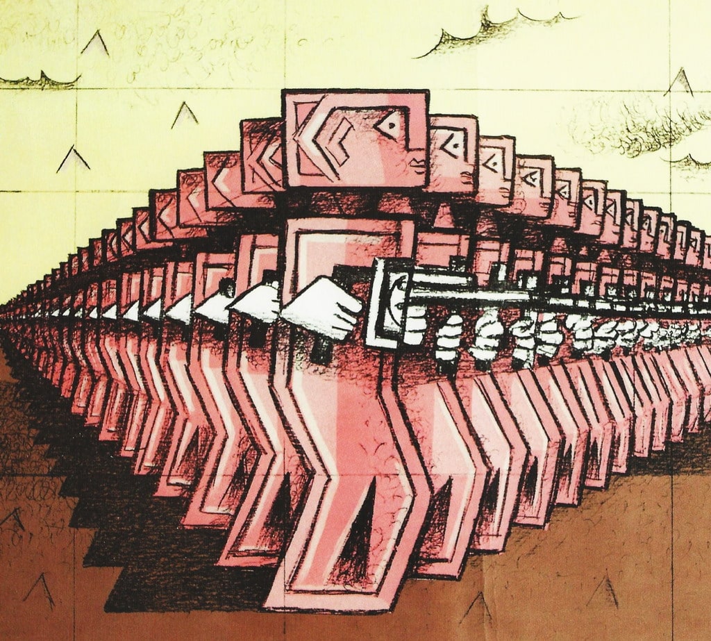 Ibrahim Kodra, “Esercito rosa”, 1982, litografia (particolare)