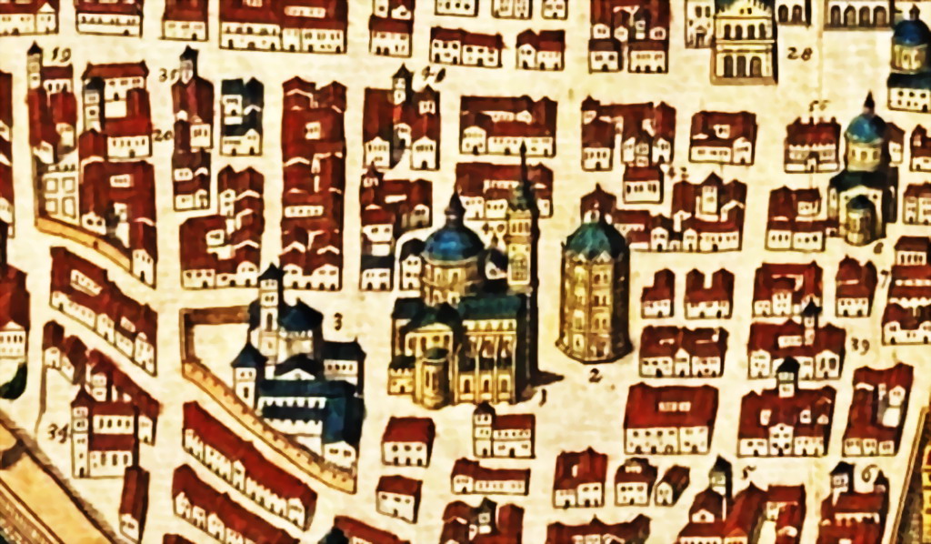 Mattaehus Merian il Vecchio (Matthäus Merian der Ältere, 1593-1650), “Parma”, quarto decennio del XVII secolo, incisione acquerellata (particolare raffigurante l’Abbazia di San Giovanni Evangelista, la Cattedrale di Santa Maria Assunta, il Battistero di San Giovanni Evangelista, Piazza Duomo e la Chiesa di San Pietro Martire). Tratta da: Martin Zeiller (1589-1661), “Itinerarium Italiae nov-antiquae, oder Rai Beschreibung durch Italien”, Mattähus Merian, Francoforte sul Meno 1640. Parma (Emilia-Romagna – Italia), collezione privata